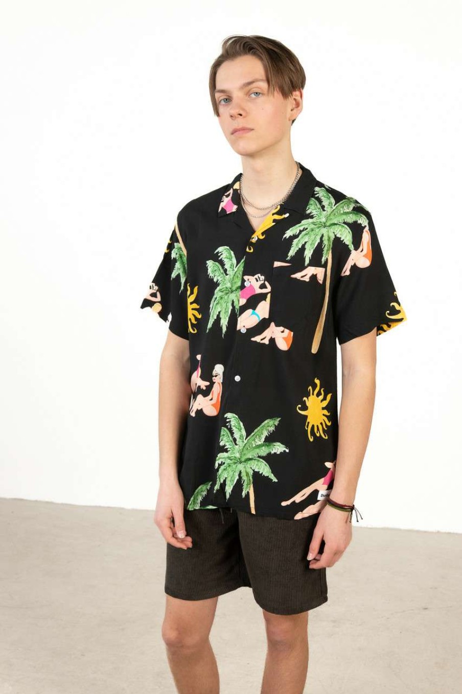 Men * | Prefential Price Beach Babes Black Hawaiian Shirt