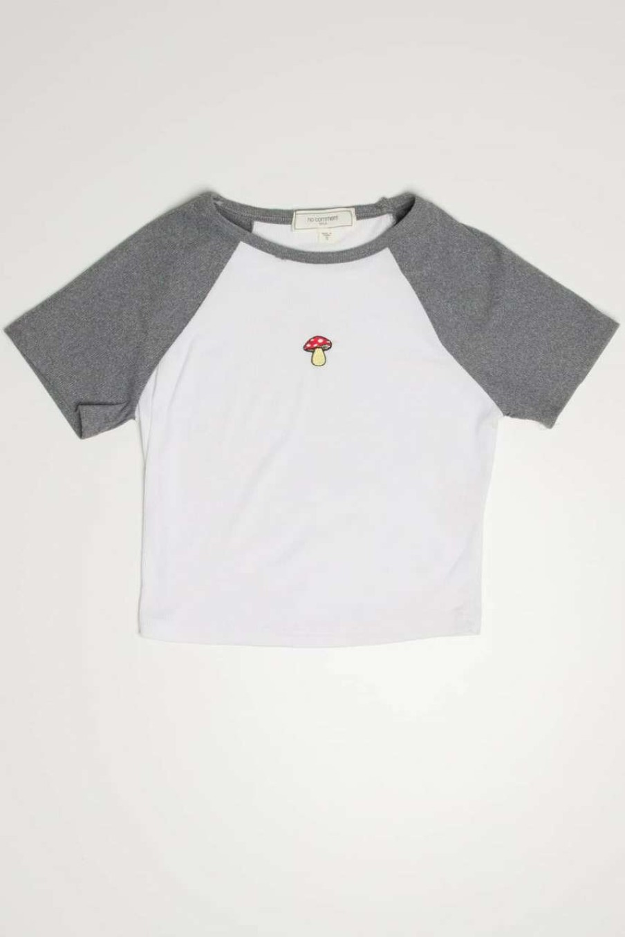 Women * | Super Specials Mushroom Embroidered Grey & White Baseball Tee