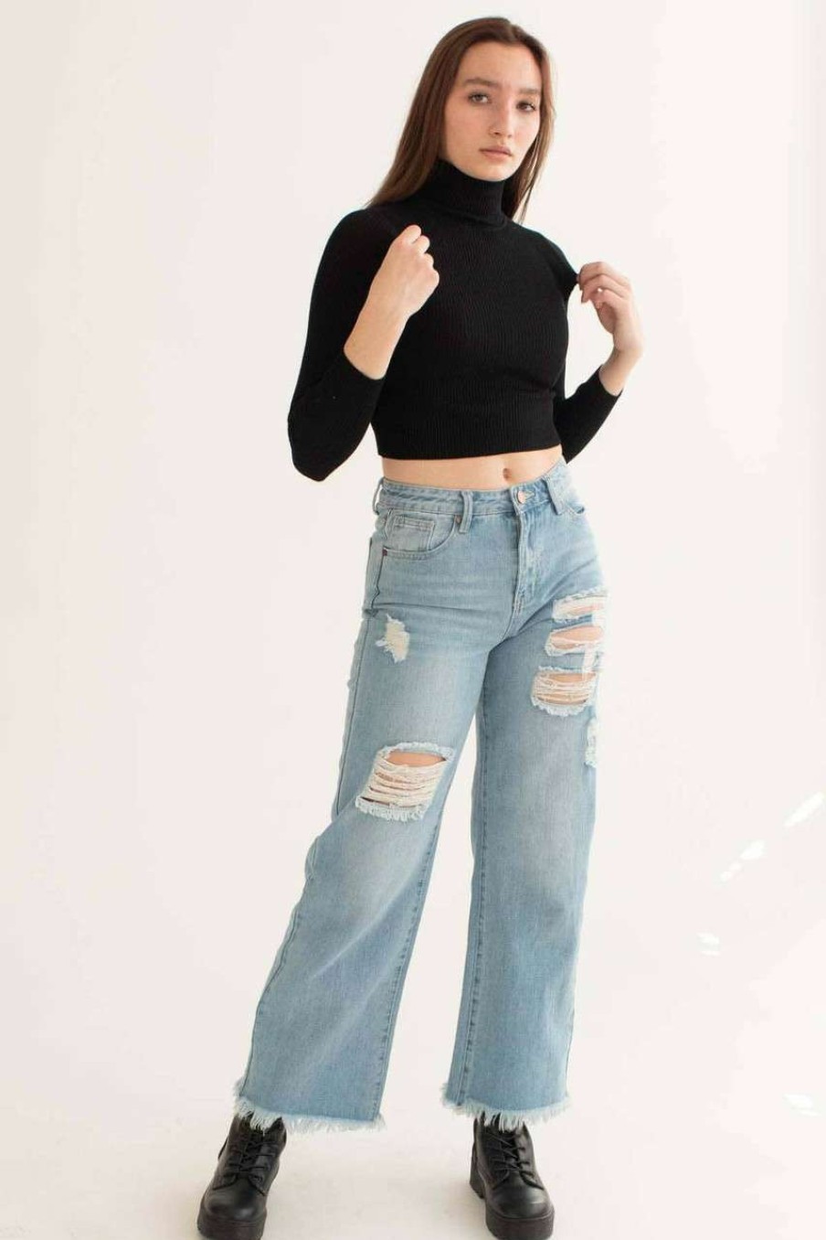 Women * | Clearance Sale Black Ribbed Cropped Turtleneck Sweater