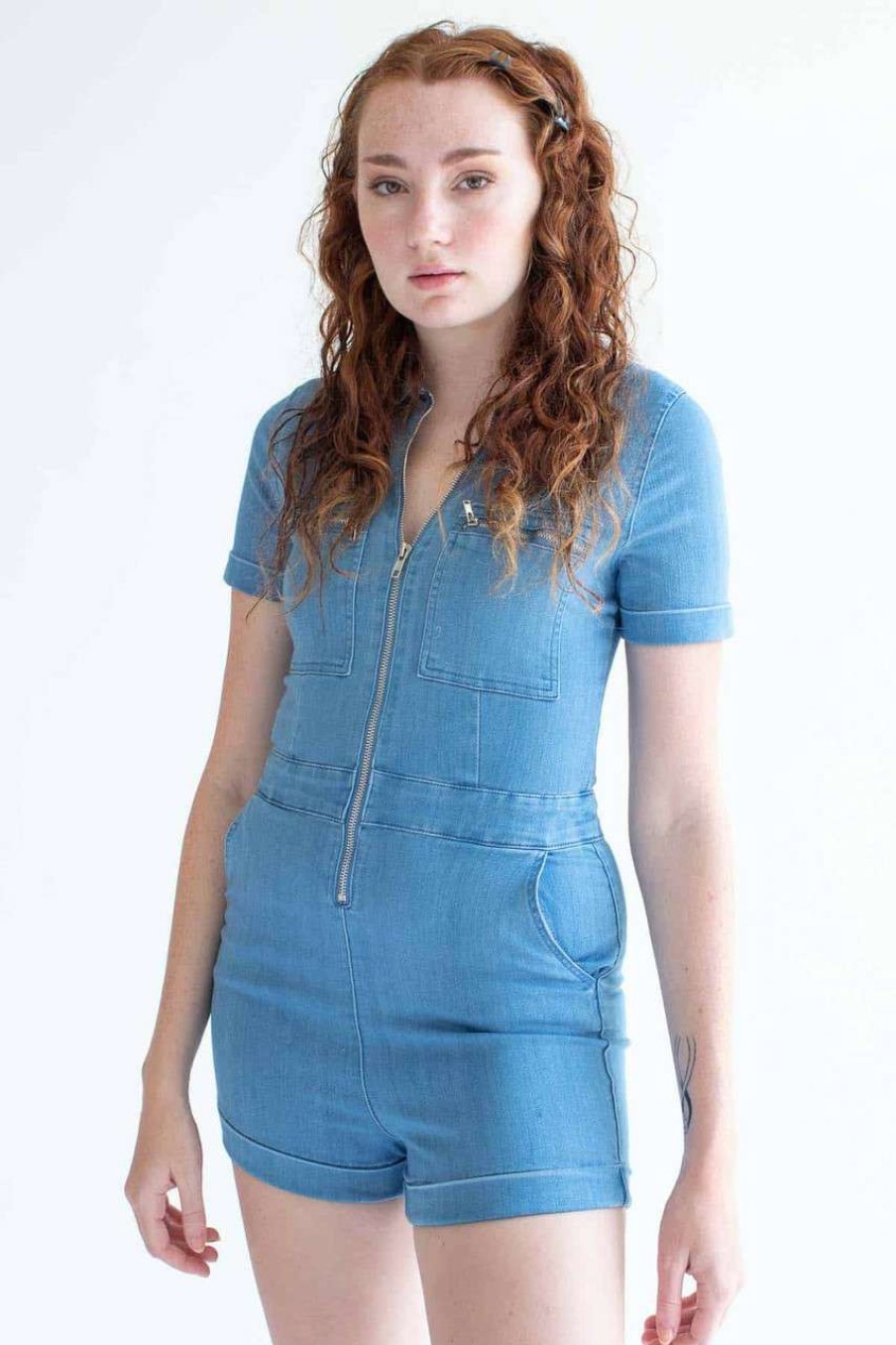 Women * | Prefential Price Light Wash Denim Coverall Shorts