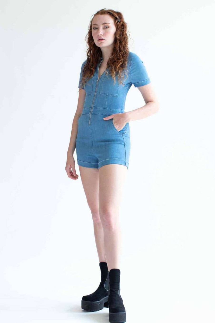 Women * | Prefential Price Light Wash Denim Coverall Shorts