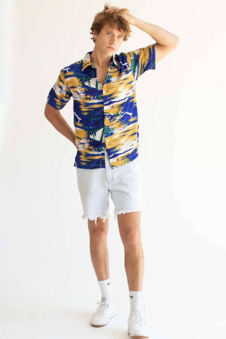 Men * | Super Specials Blue & Mustard Beach Scene Hawaiian Shirt