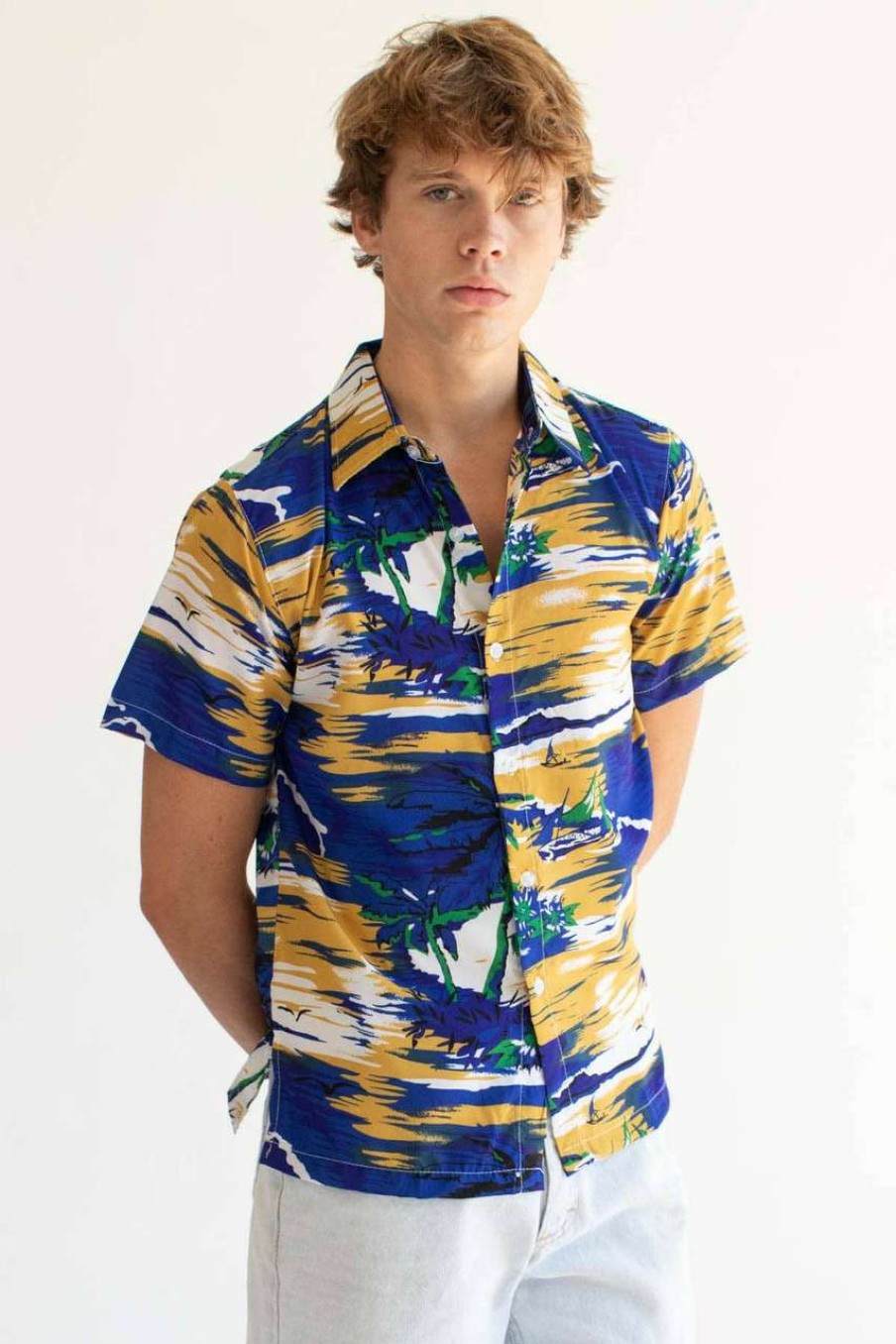 Men * | Super Specials Blue & Mustard Beach Scene Hawaiian Shirt