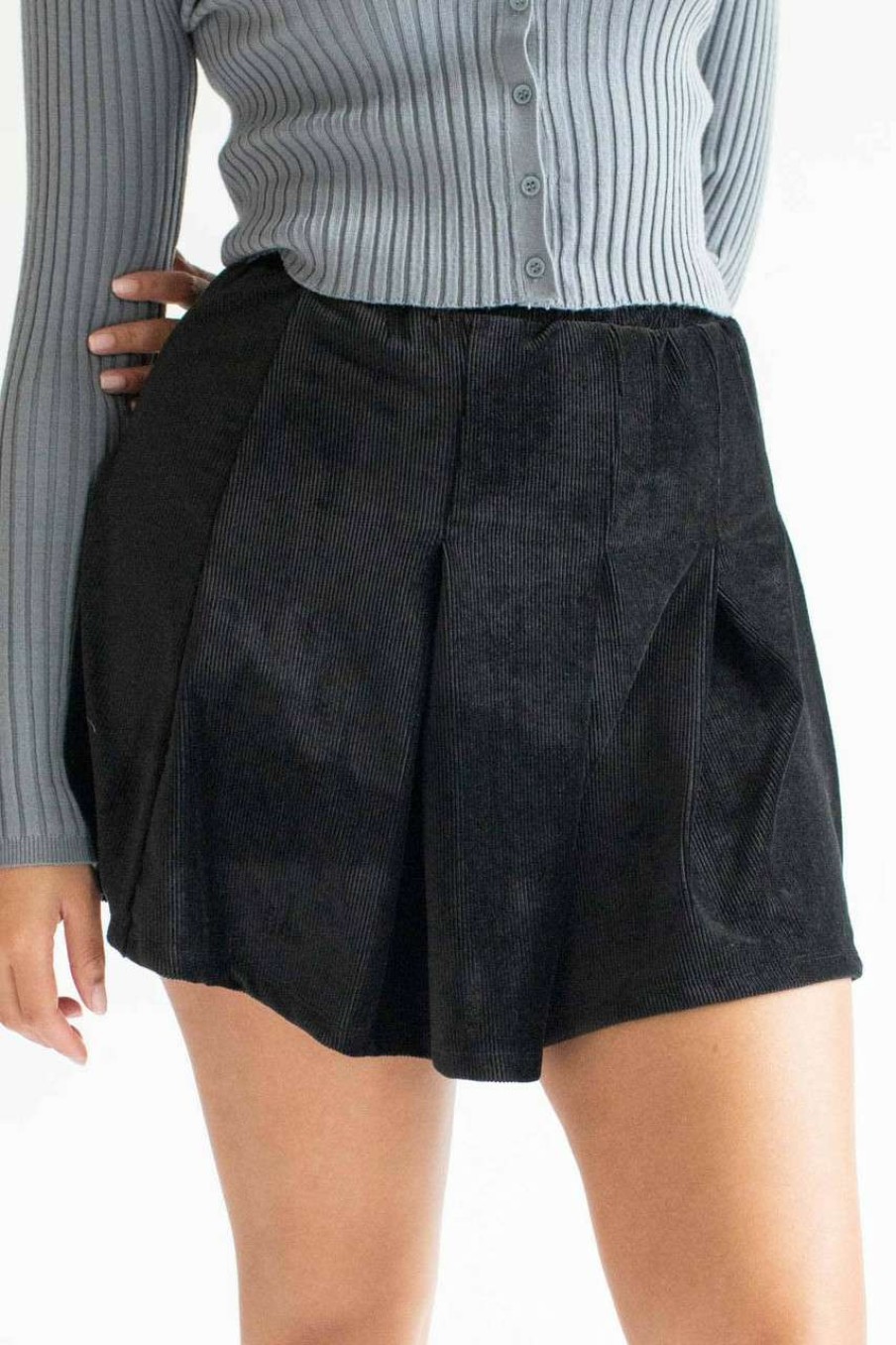 Women * | Super Specials Black Pleated Corduroy Skater Skirt