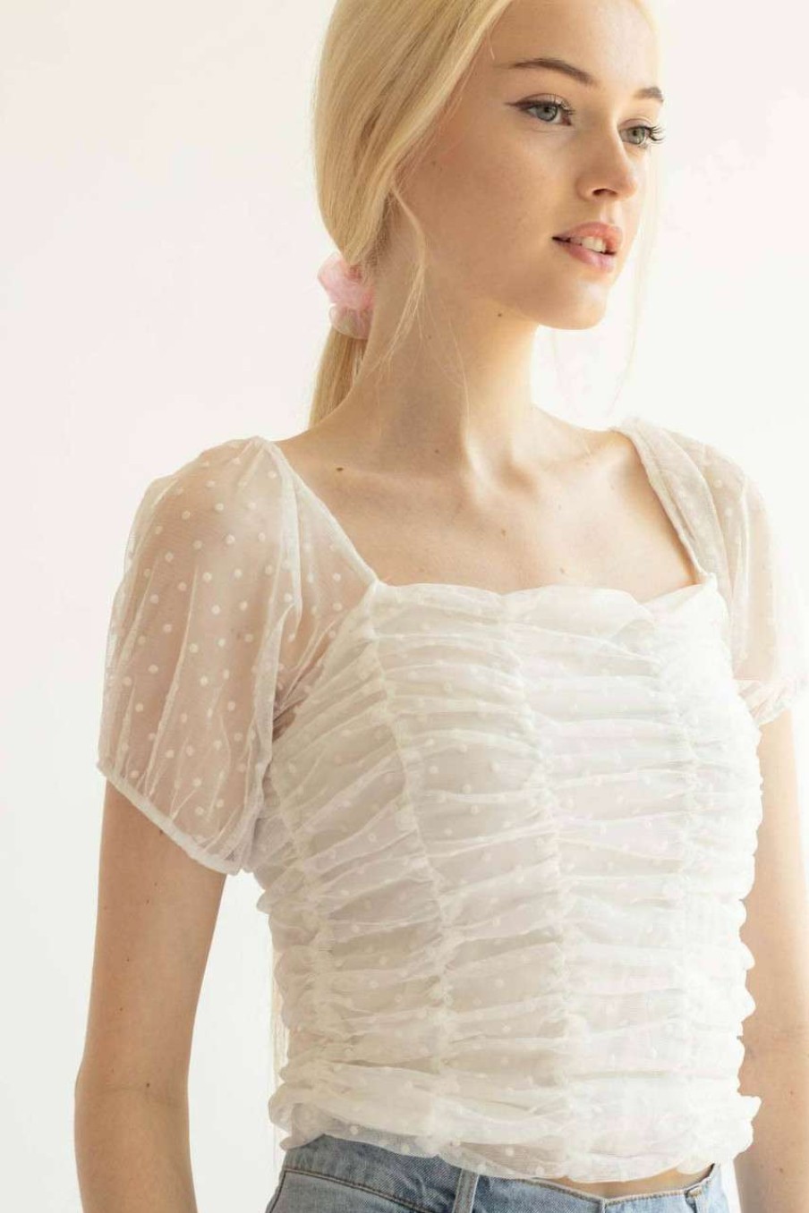 Women * | Half Off White Mesh Dot Ruched Top