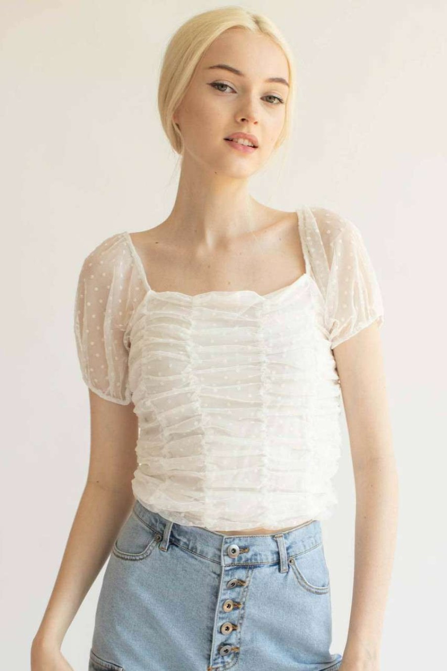 Women * | Half Off White Mesh Dot Ruched Top