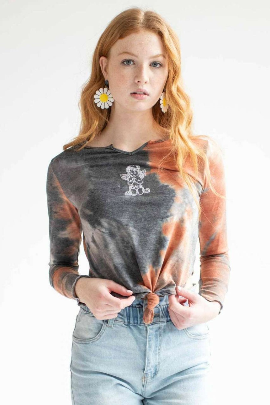 Women * | On Discount Embroidered Cherub Tie Dye Long Sleeve Tee