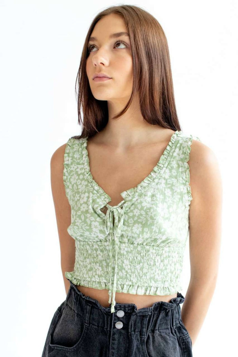 Women * | Limit Offer Green Gauze Floral Smock Waist Top