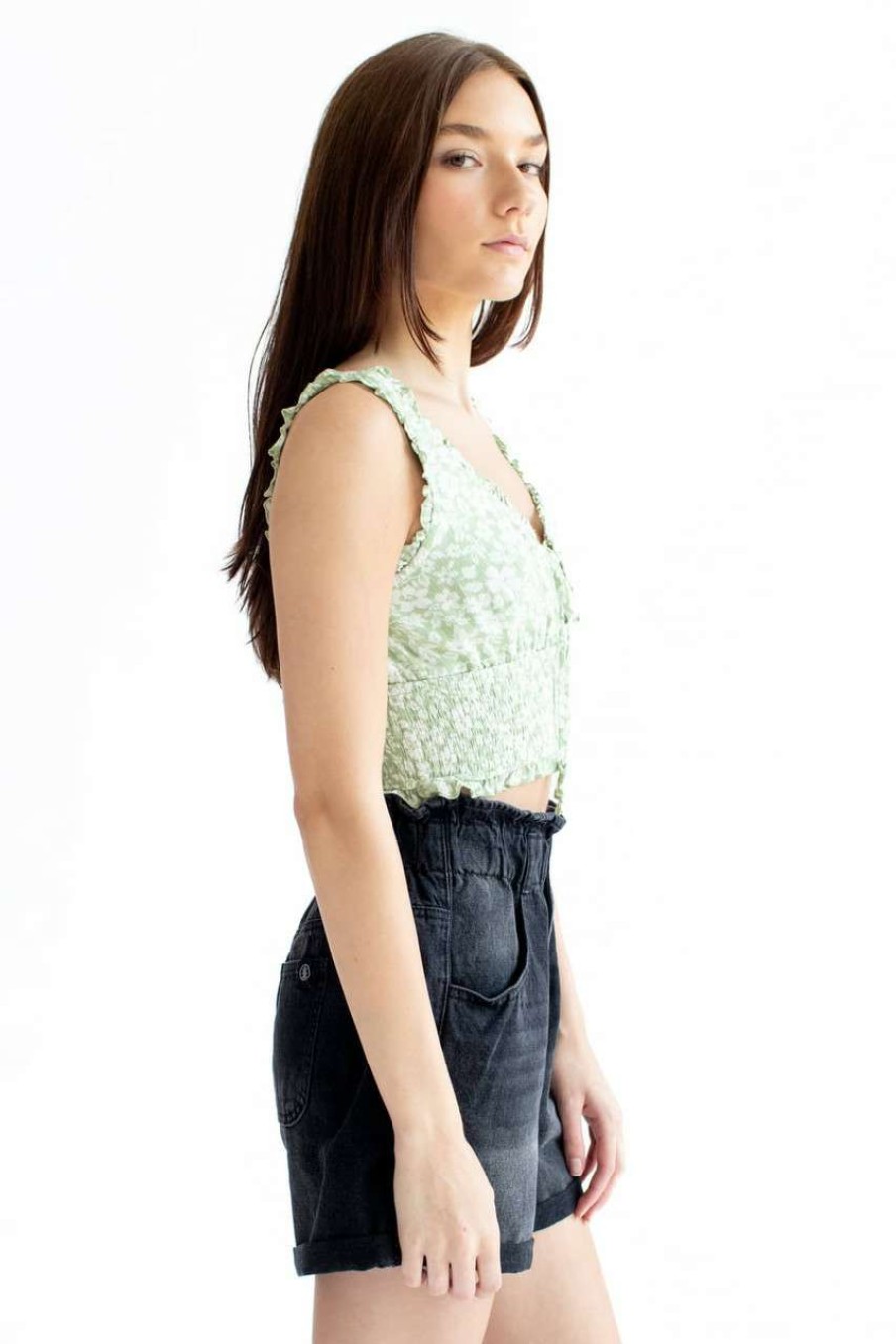 Women * | Limit Offer Green Gauze Floral Smock Waist Top