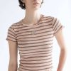 Women * | Half Off Daisy Embroidered Mocha Striped Tee