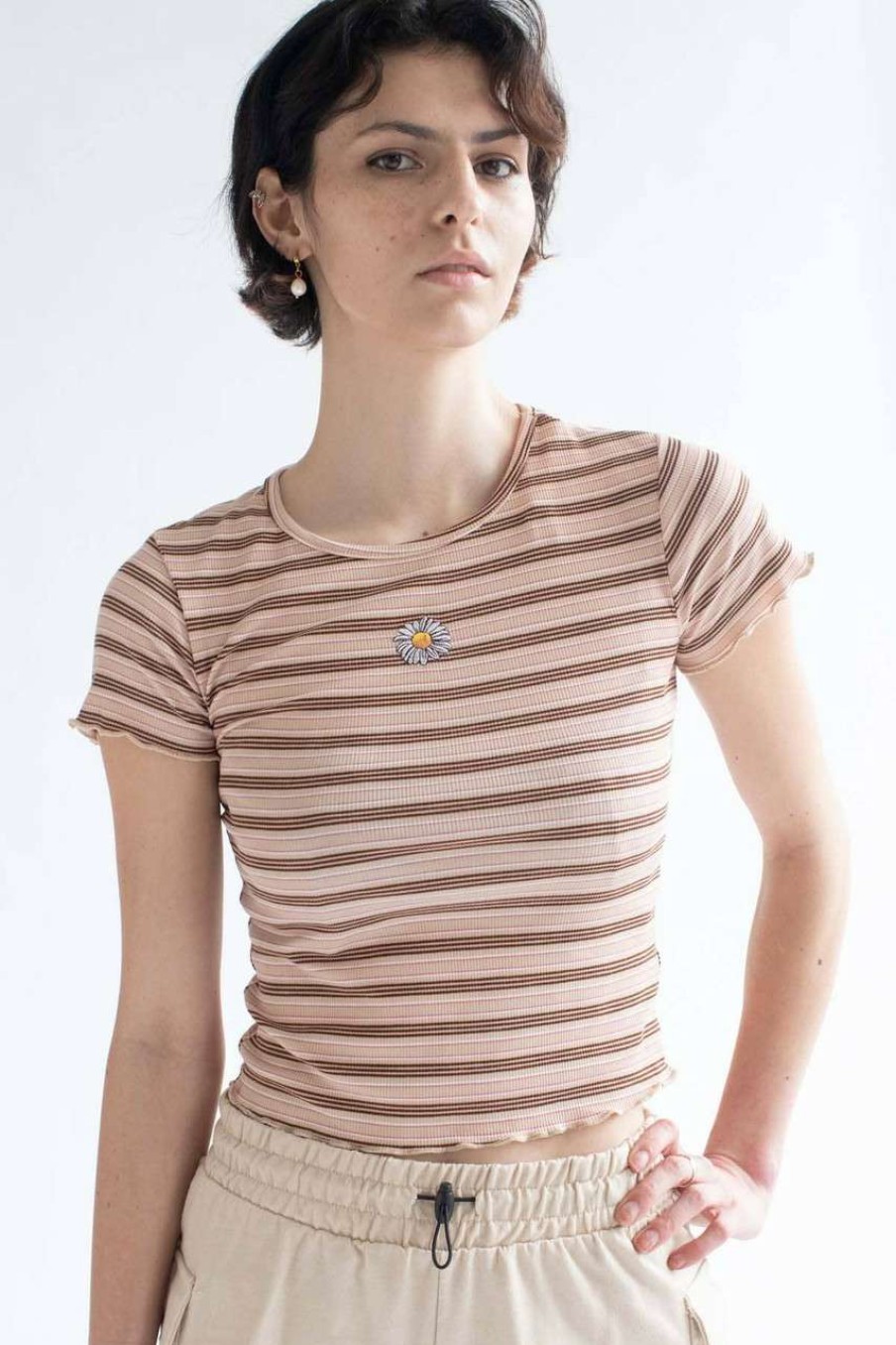 Women * | Half Off Daisy Embroidered Mocha Striped Tee