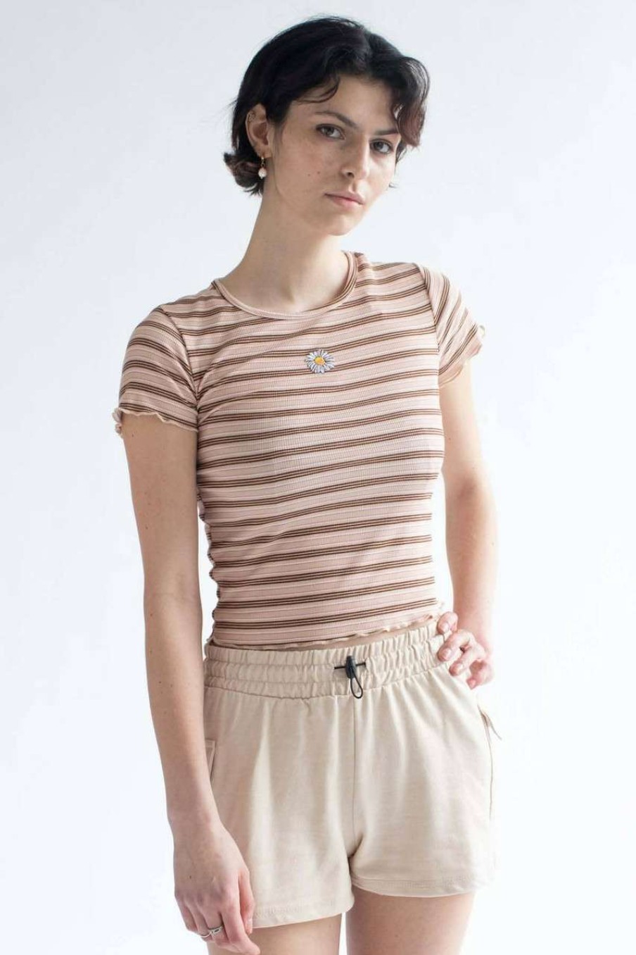 Women * | Half Off Daisy Embroidered Mocha Striped Tee