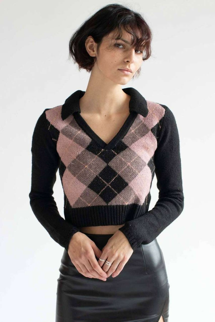 Women * | Special Offer Black Argyle Collared Sweater