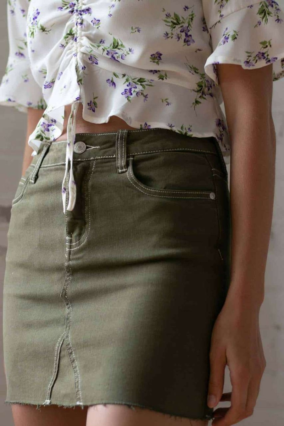 Women * | Special Offer Olive Garment Washed Denim Skirt