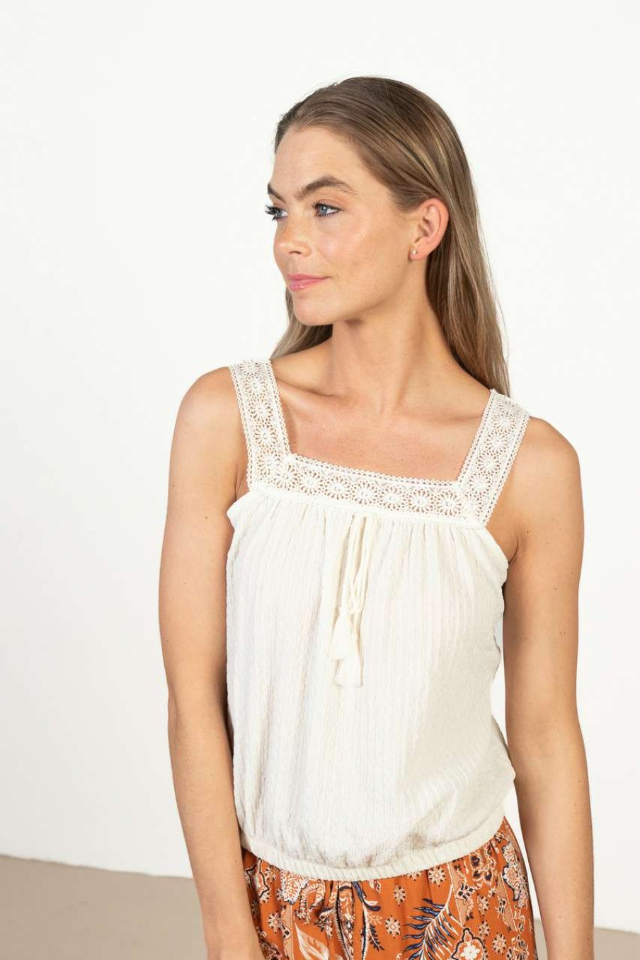 Women * | Clearance White Crochet Crinkle Tank