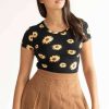 Women * | Special Price Black Sunflower Crop Tee