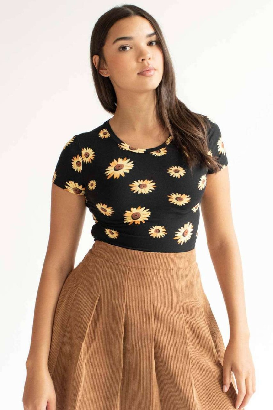 Women * | Special Price Black Sunflower Crop Tee