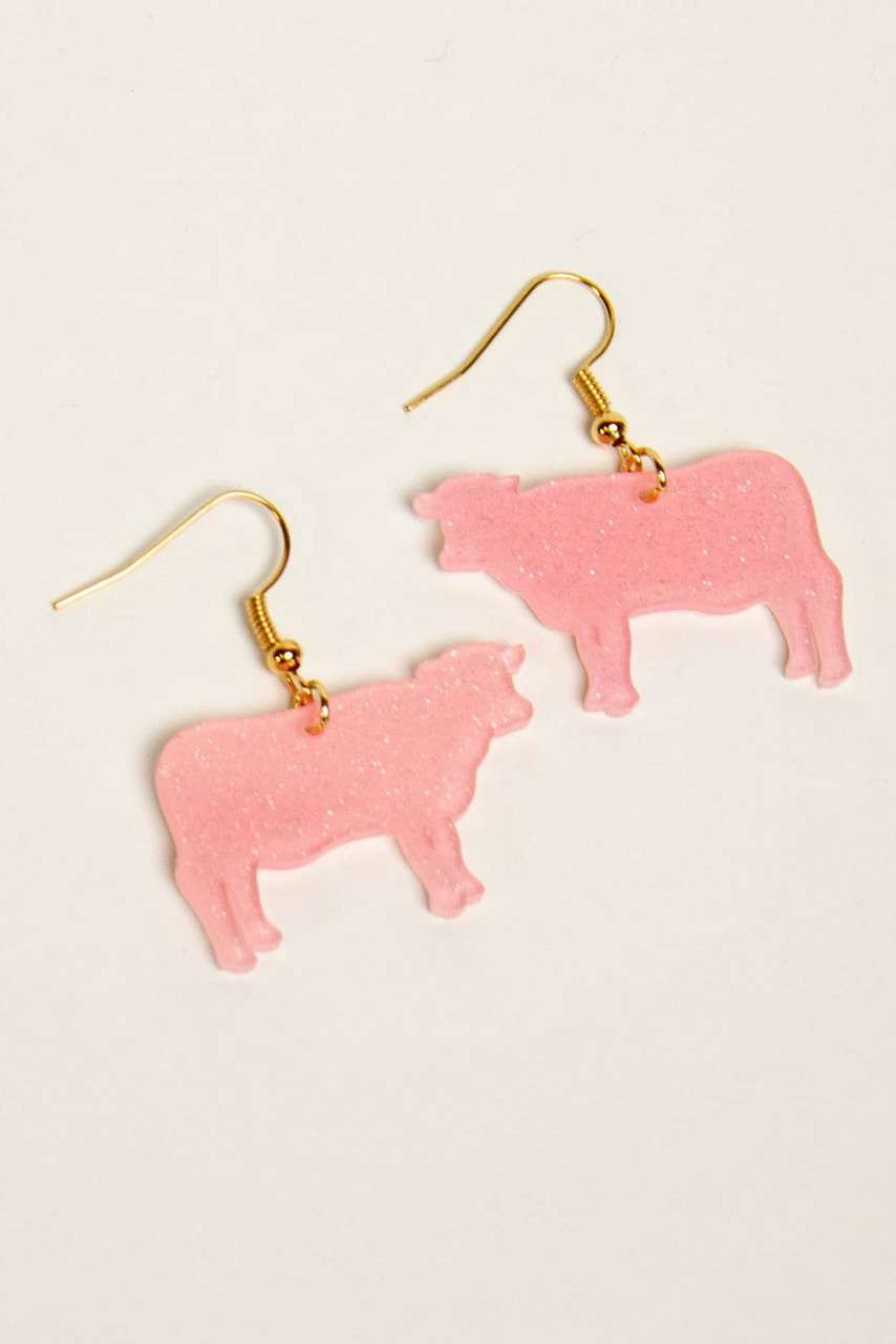 Accessories * | Clearance Pink Glitter Cow Drop Earrings