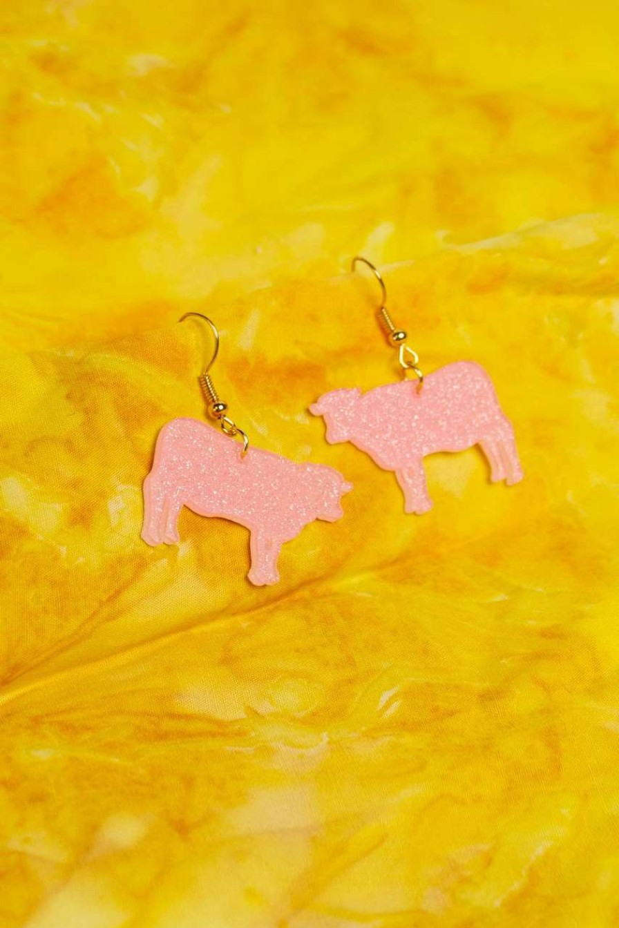 Accessories * | Clearance Pink Glitter Cow Drop Earrings