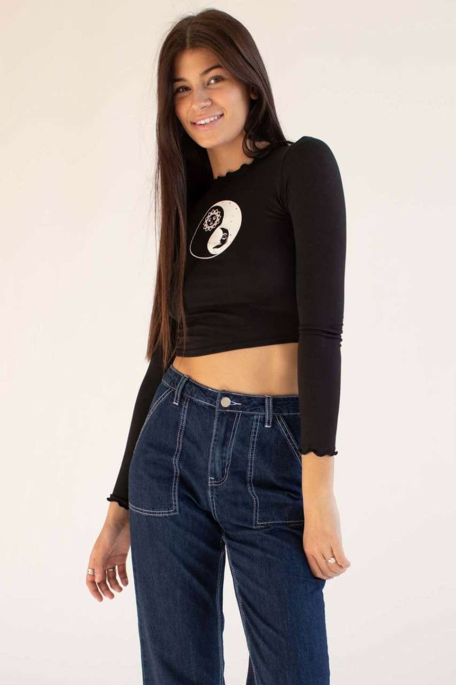 Women * | Limit Offer Black Celestial Yin Yang Long Sleeve Top