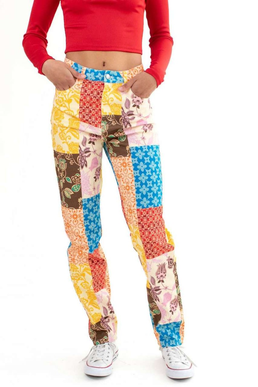 Women * | Online Store Straight Leg Patchwork Print Jeans