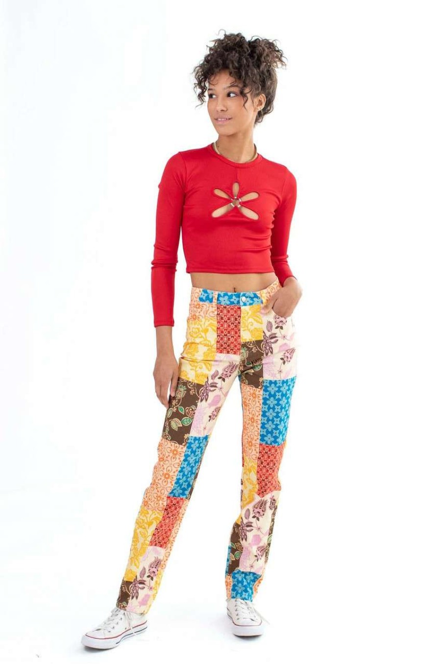 Women * | Online Store Straight Leg Patchwork Print Jeans