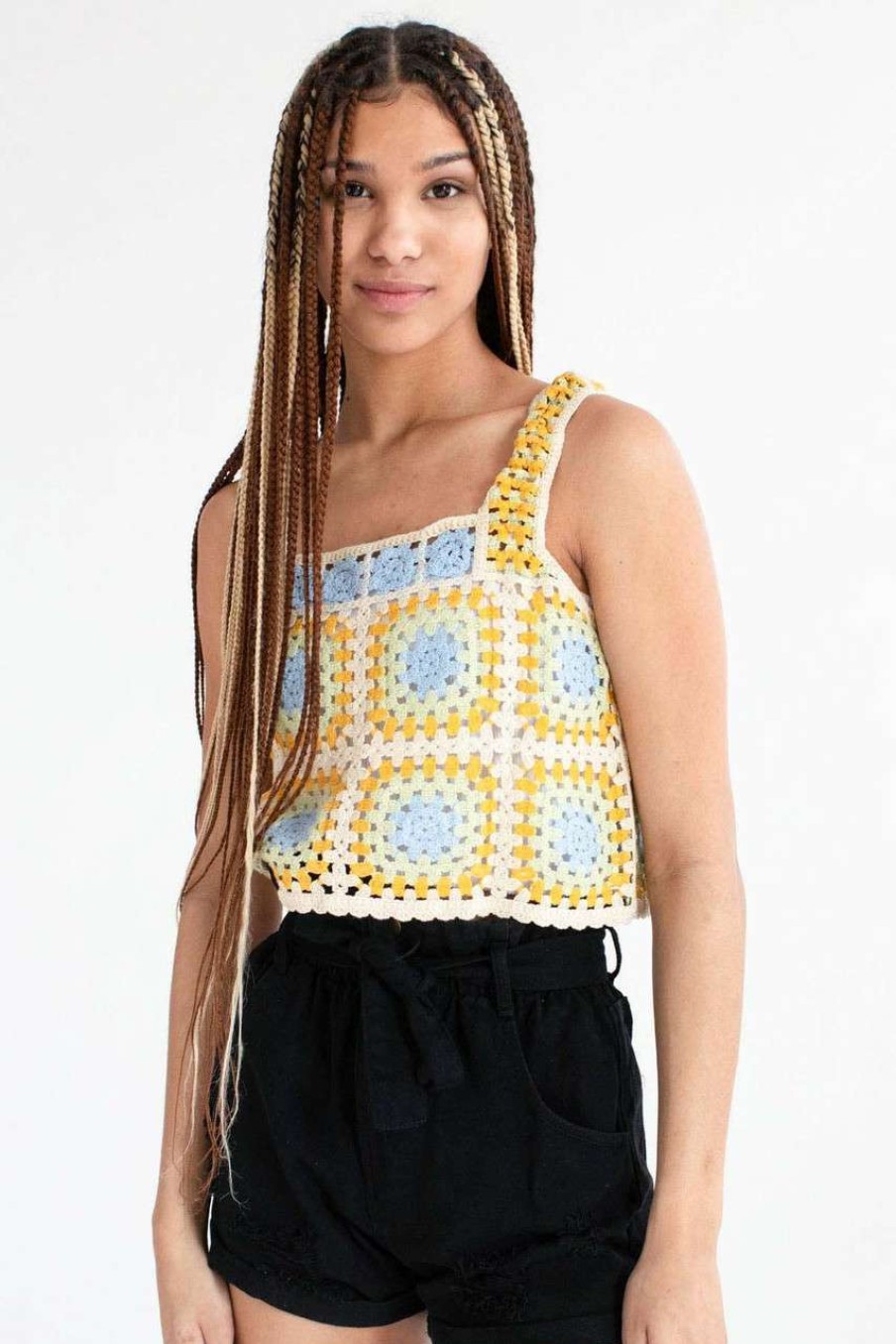 Women * | Clearance Sale Mustard Crochet Squares Crop Tank