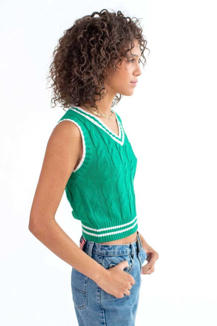 Women * | Bargain Sale Green Contrast Trim Sweater Vest