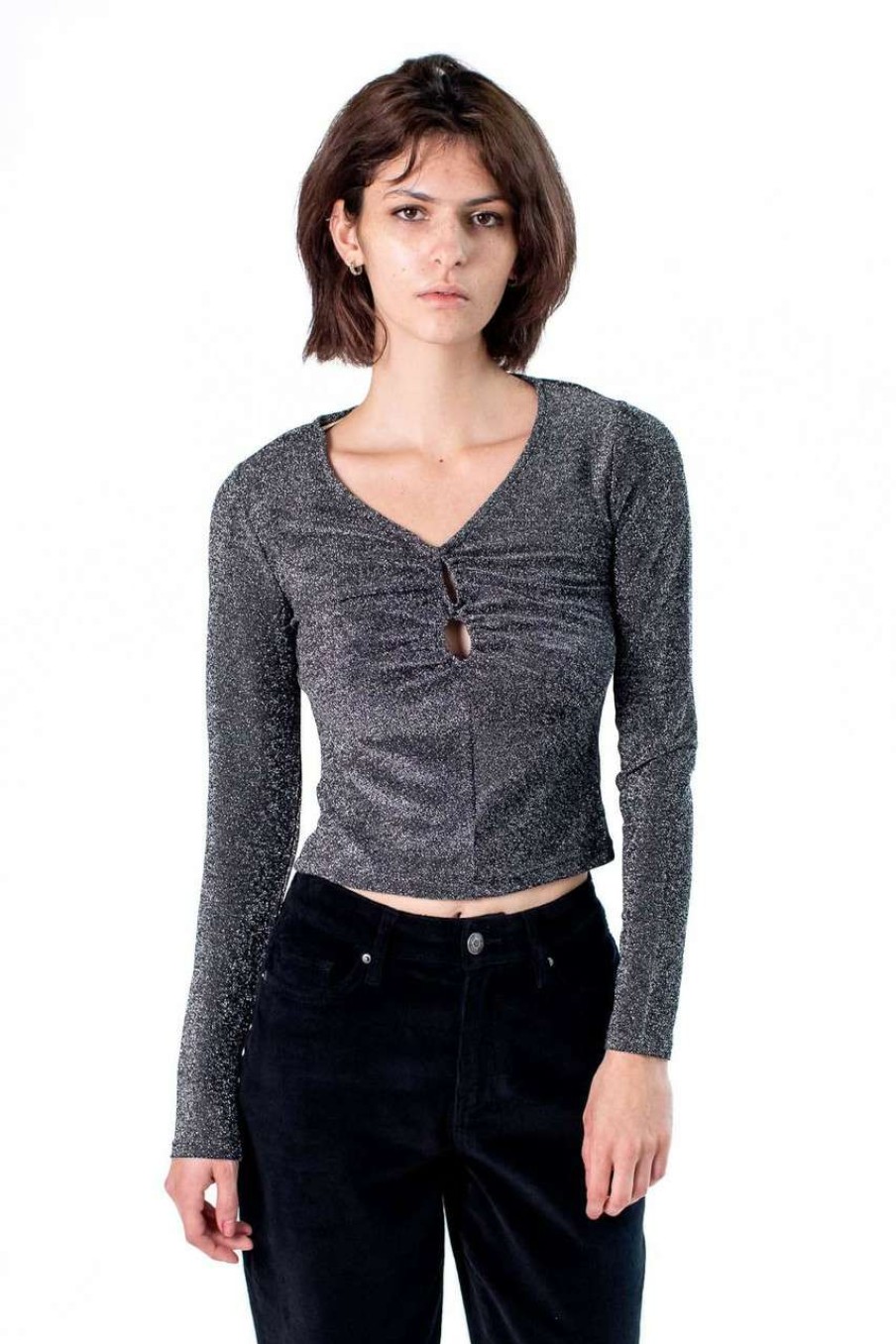 Women * | Special Offer Silver Sparkle Long Sleeved Cutout Top