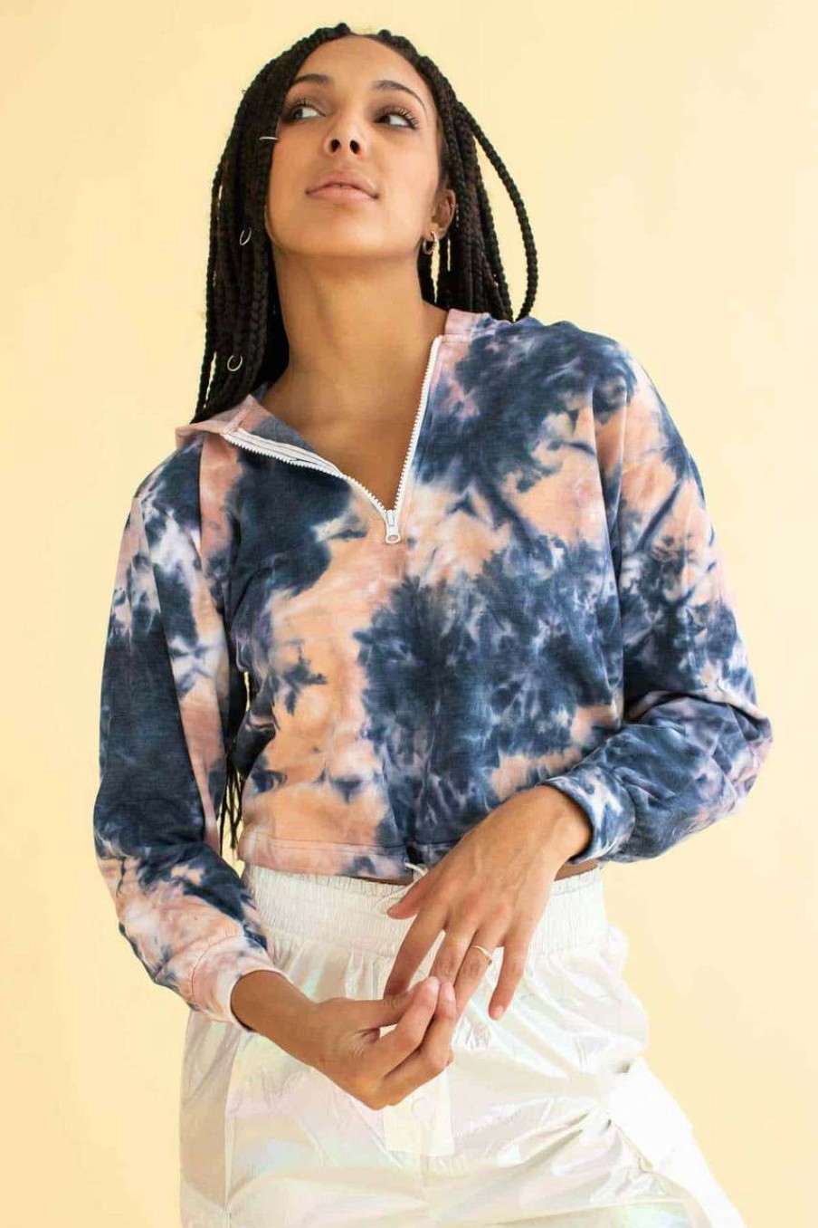 Women * | Limited Edition Navy Tie Dye Drawstring Hem Hoodie