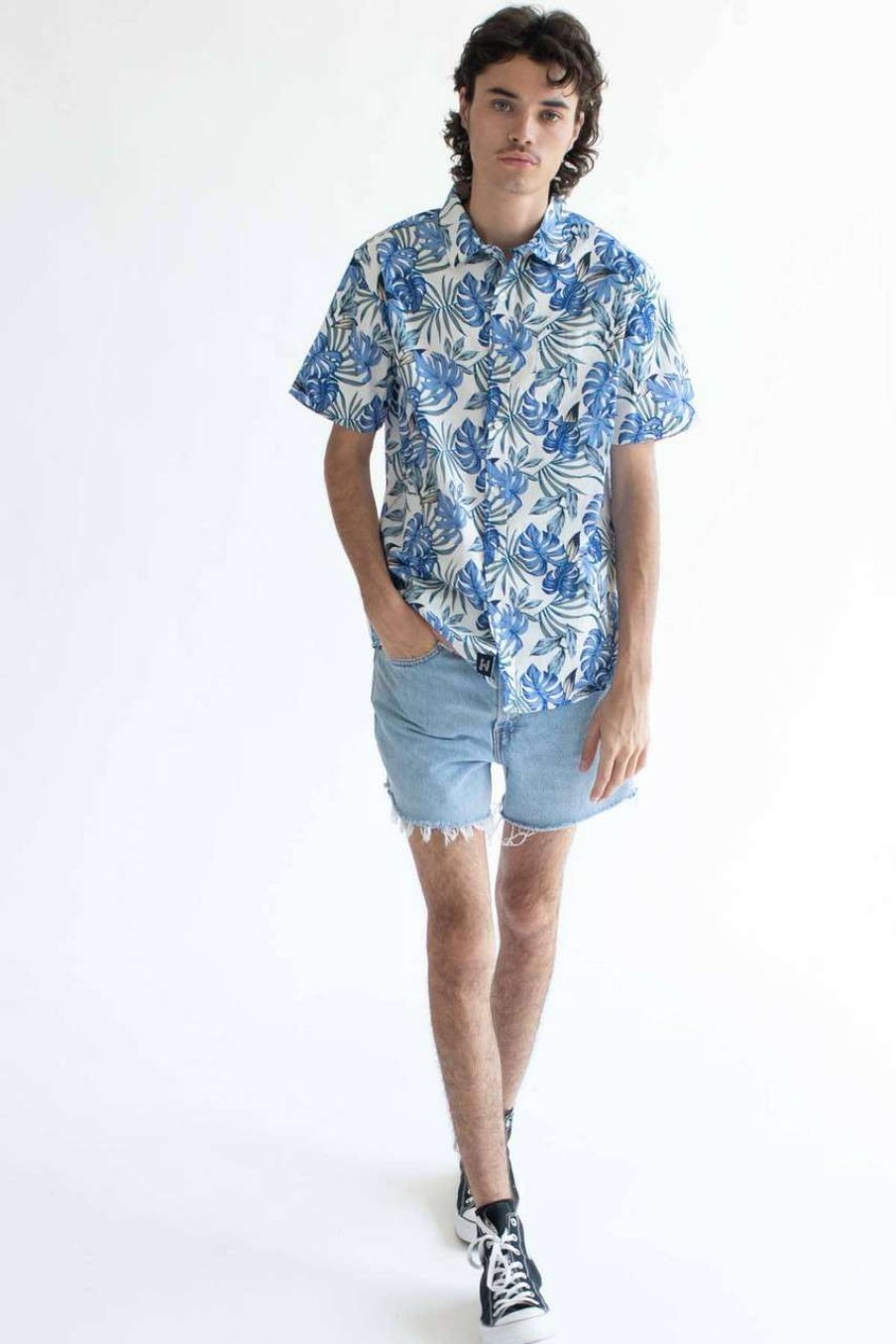 Men * | Prefential Price Indigo Monstera & Palms Woven Button Up Shirt