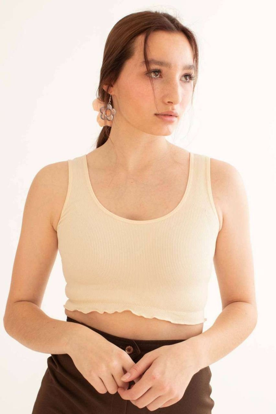 Women * | Super Specials Beige Seamless Ruffle Crop Tank