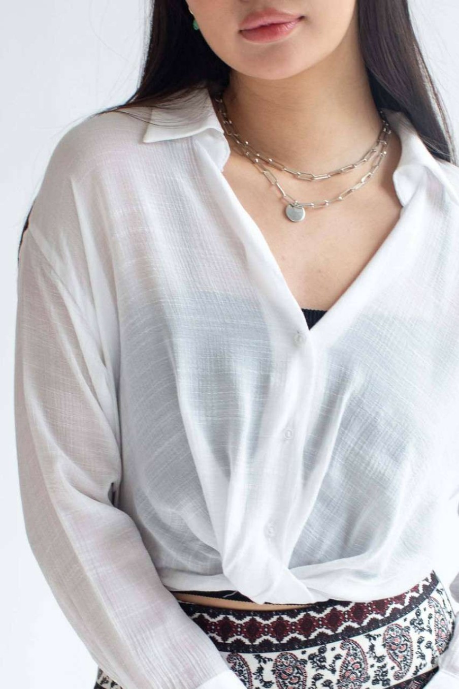 Women * | Special Price White Twist Waist Button Up Crop Shirt