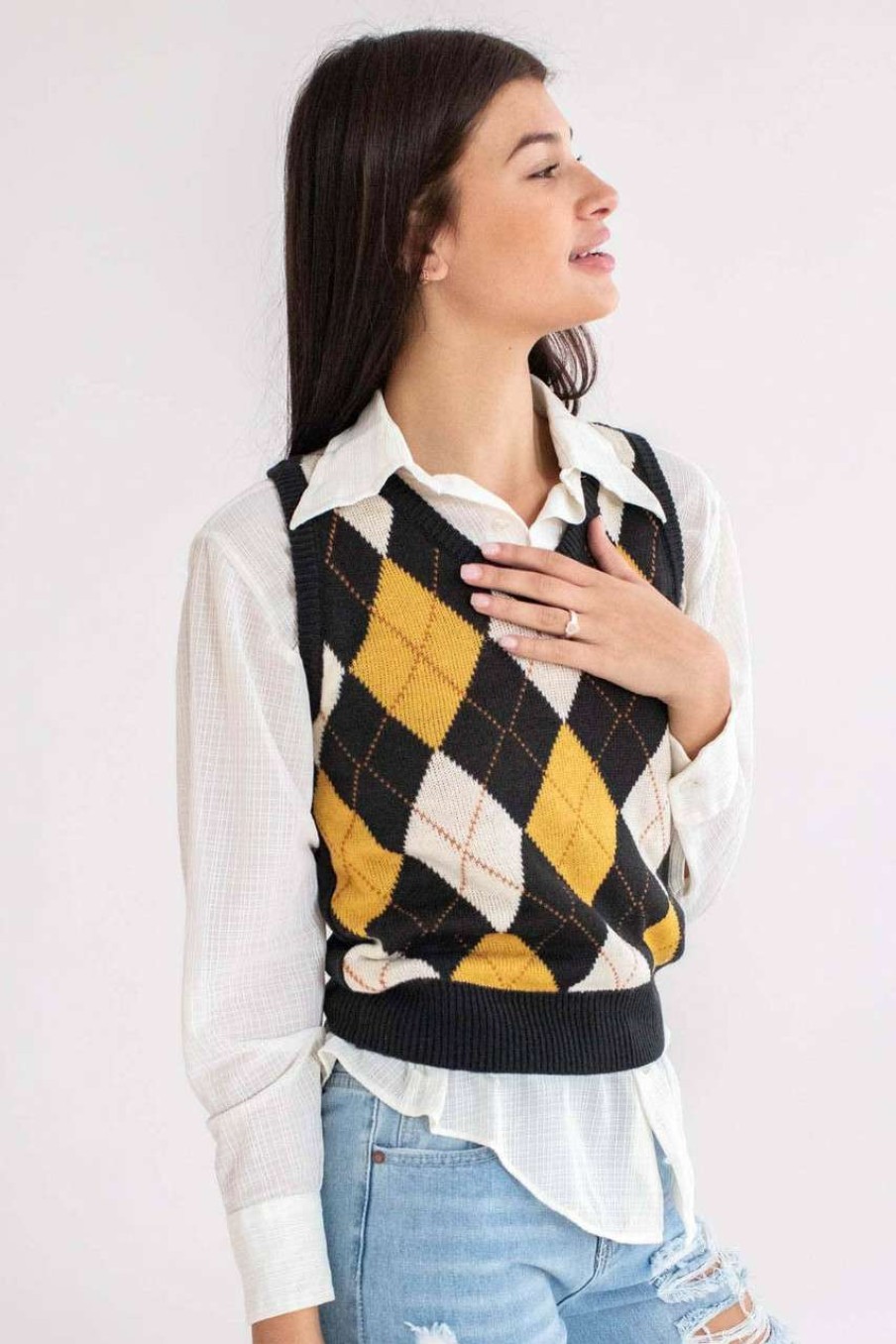 Women * | Special Price Black Argyle Sweater Vest