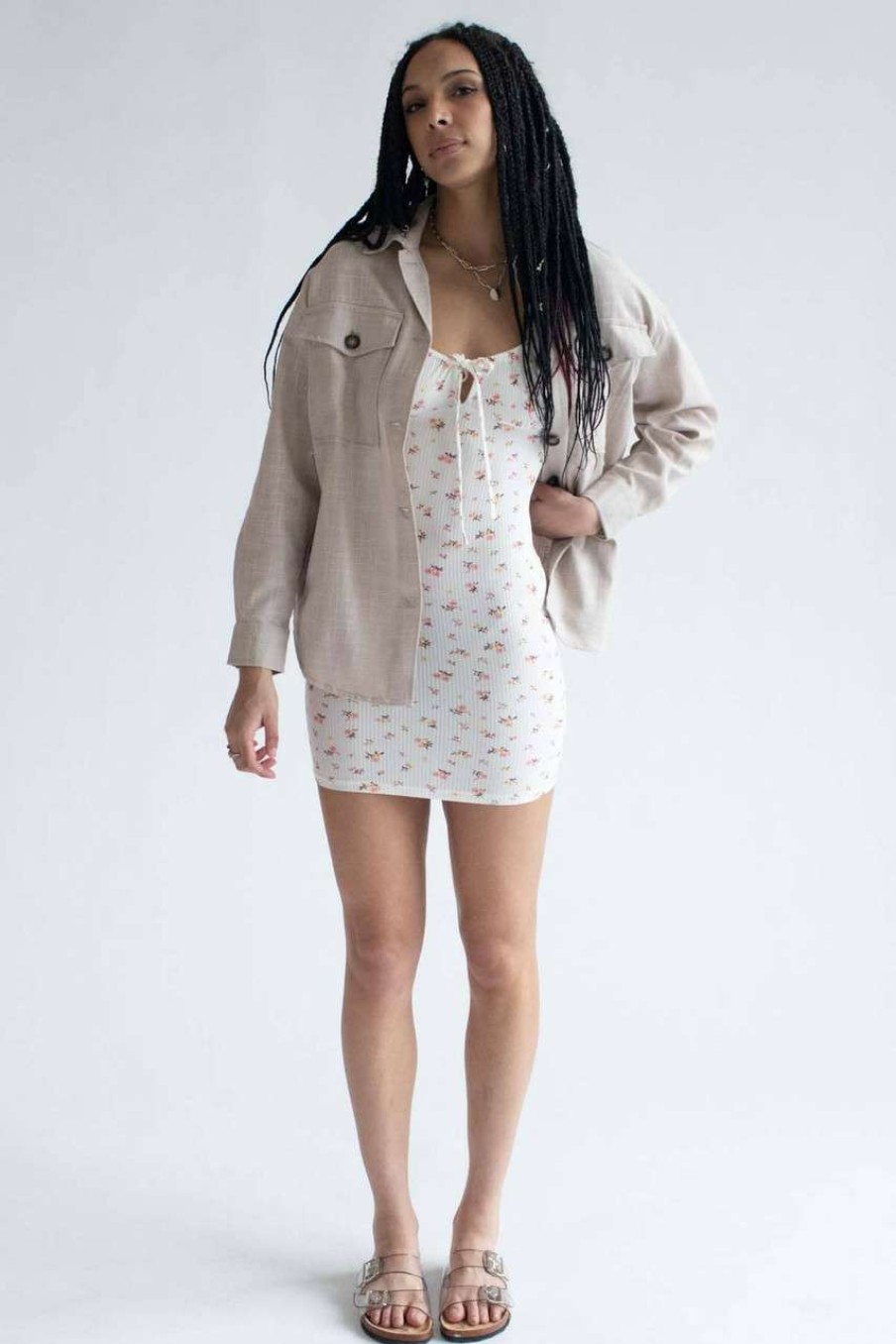 Women * | Online Store Beige Woven Flannel Shirt