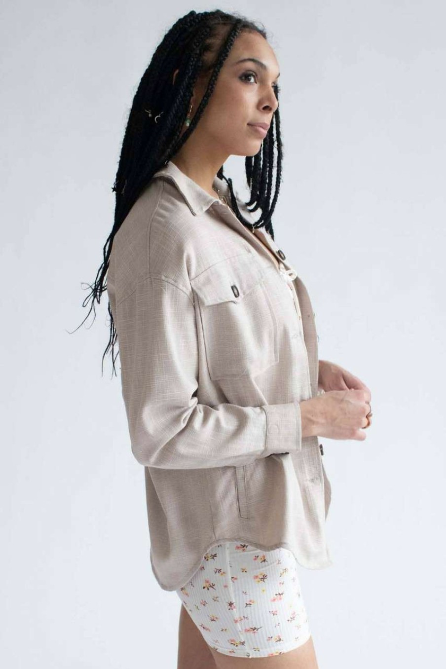 Women * | Online Store Beige Woven Flannel Shirt