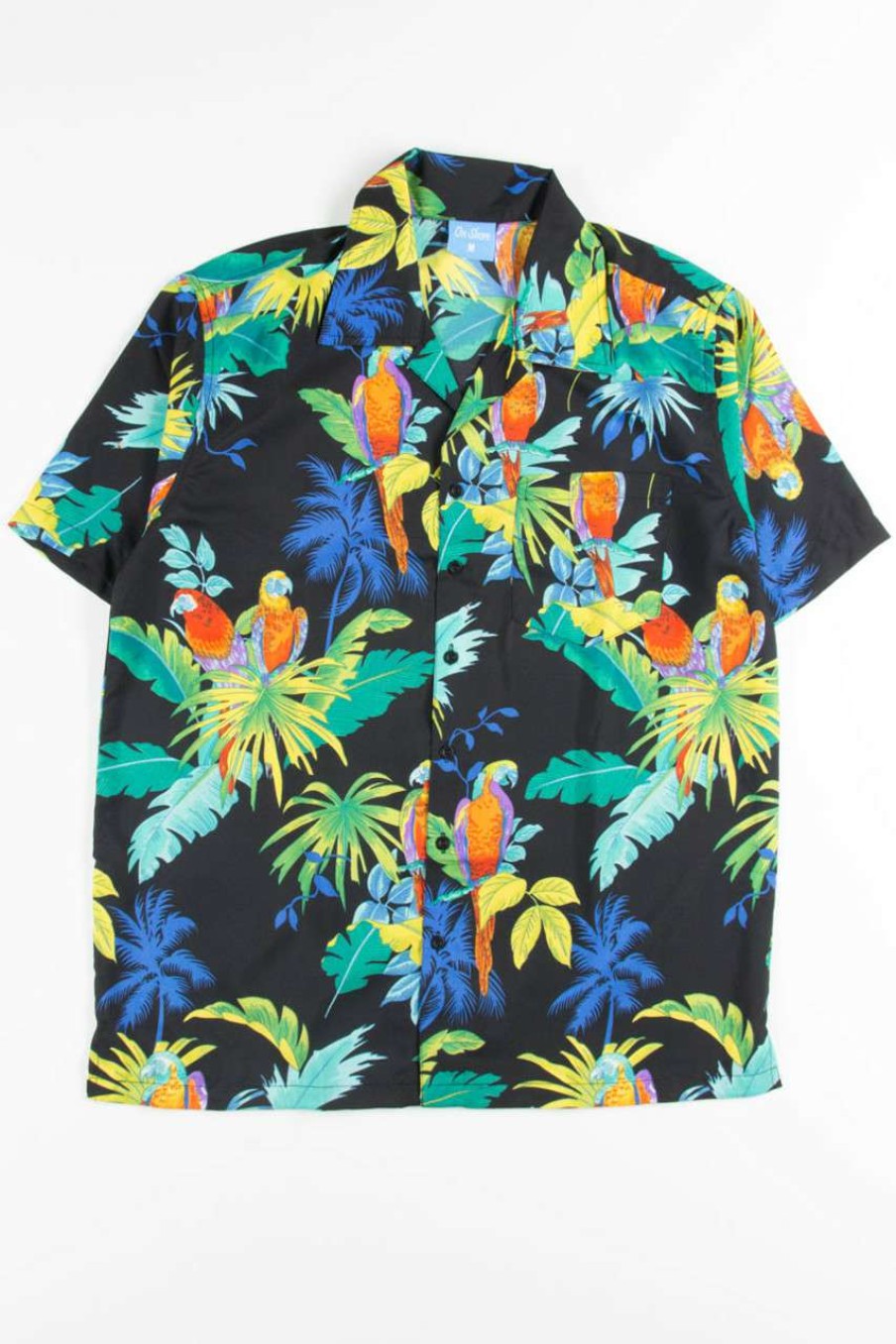 Men * | Super Specials Black Contrast Colored Parrots Hawaiian Shirt