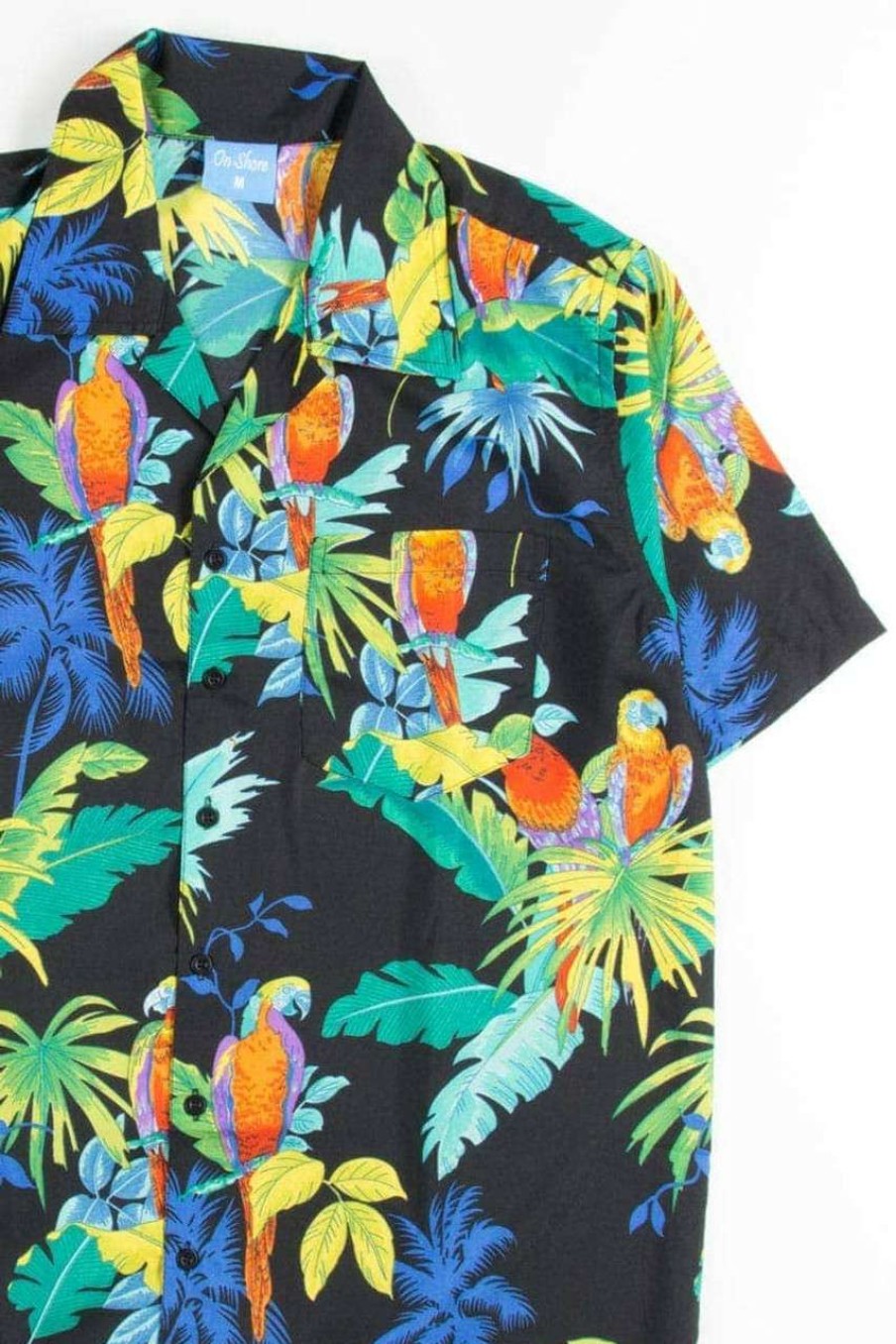 Men * | Super Specials Black Contrast Colored Parrots Hawaiian Shirt