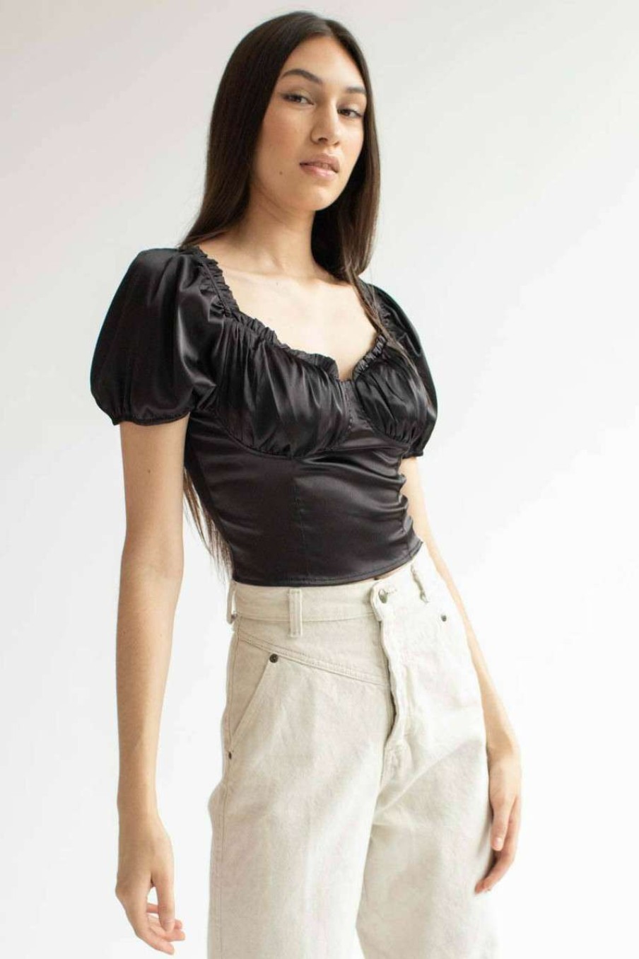 Women * | Clearance Sale Black Satin Milkmaid Crop Top