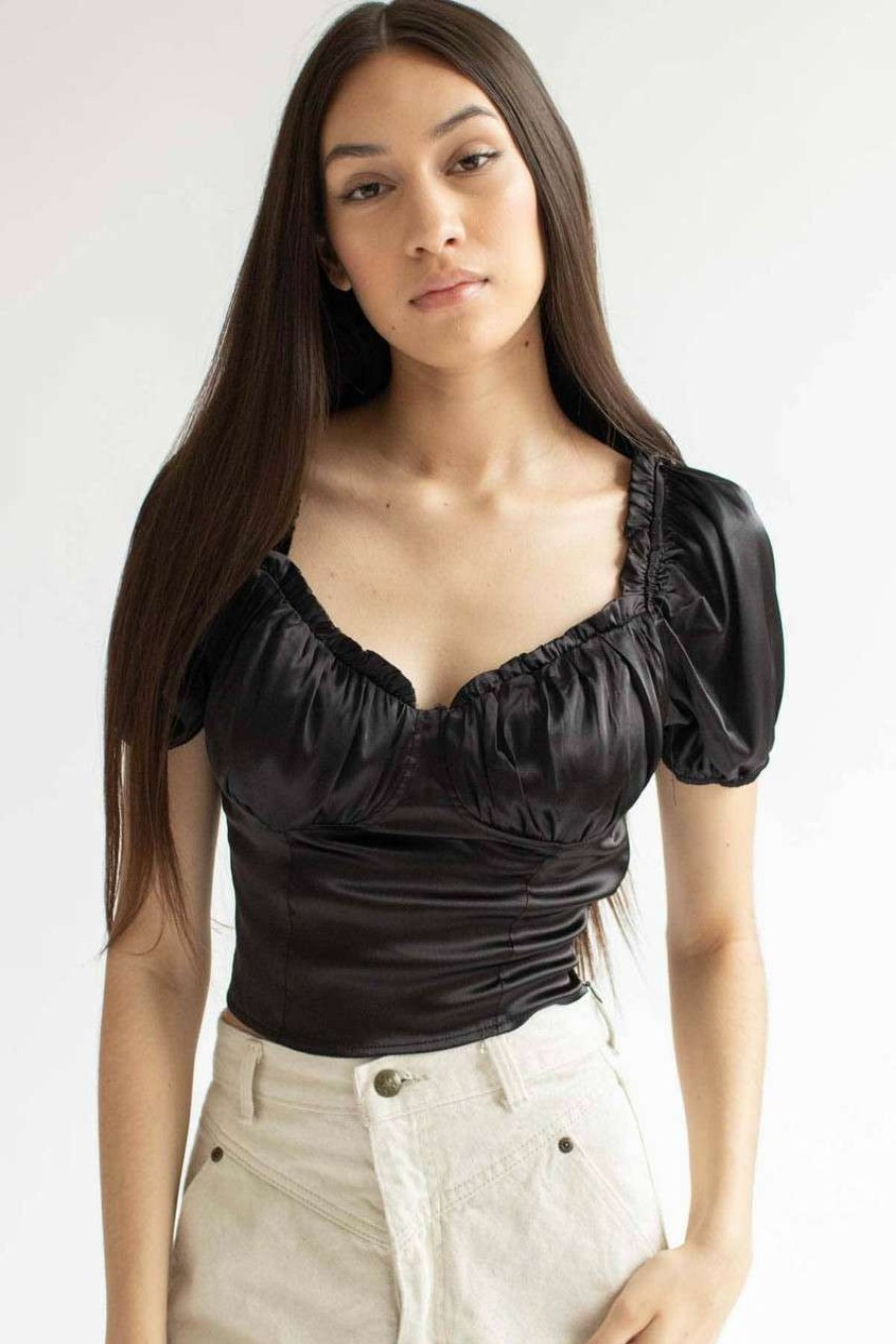 Women * | Clearance Sale Black Satin Milkmaid Crop Top