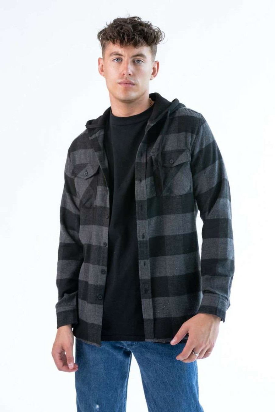 Men * | Online Store Charcoal Hooded Flannel Shirt