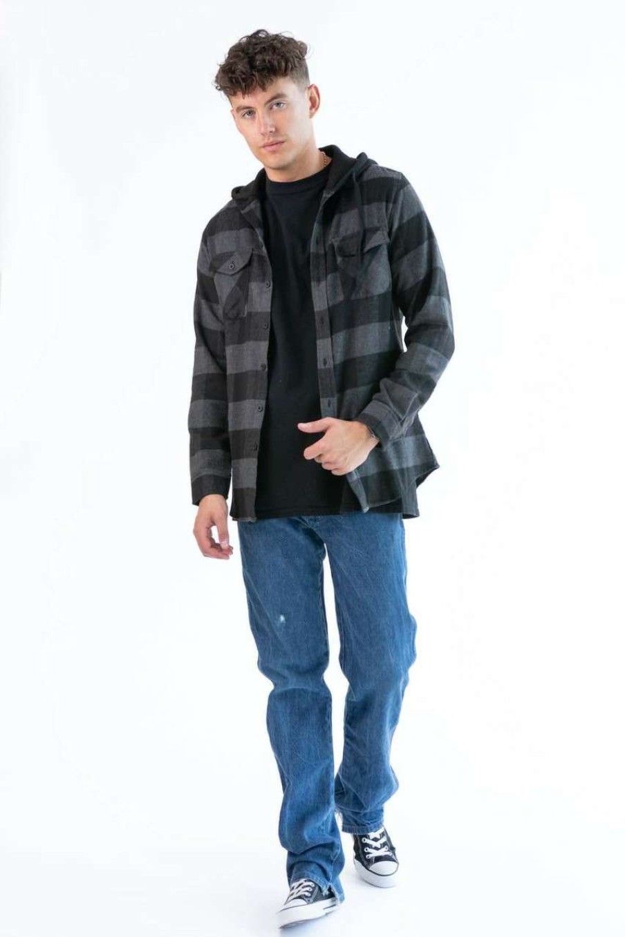 Men * | Online Store Charcoal Hooded Flannel Shirt