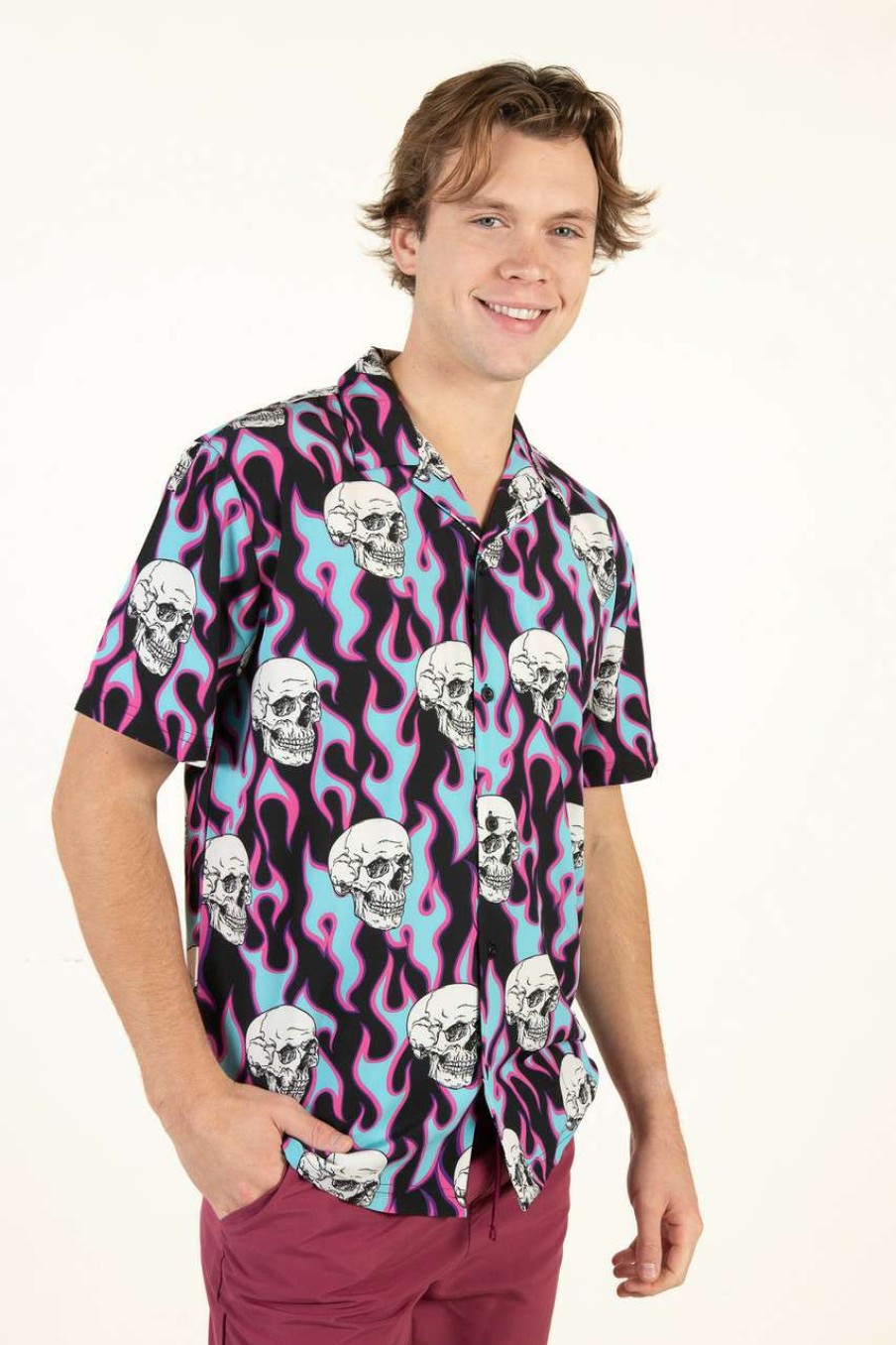 Men * | Clearance Sale Y2K Flaming Skull Button Up Shirt