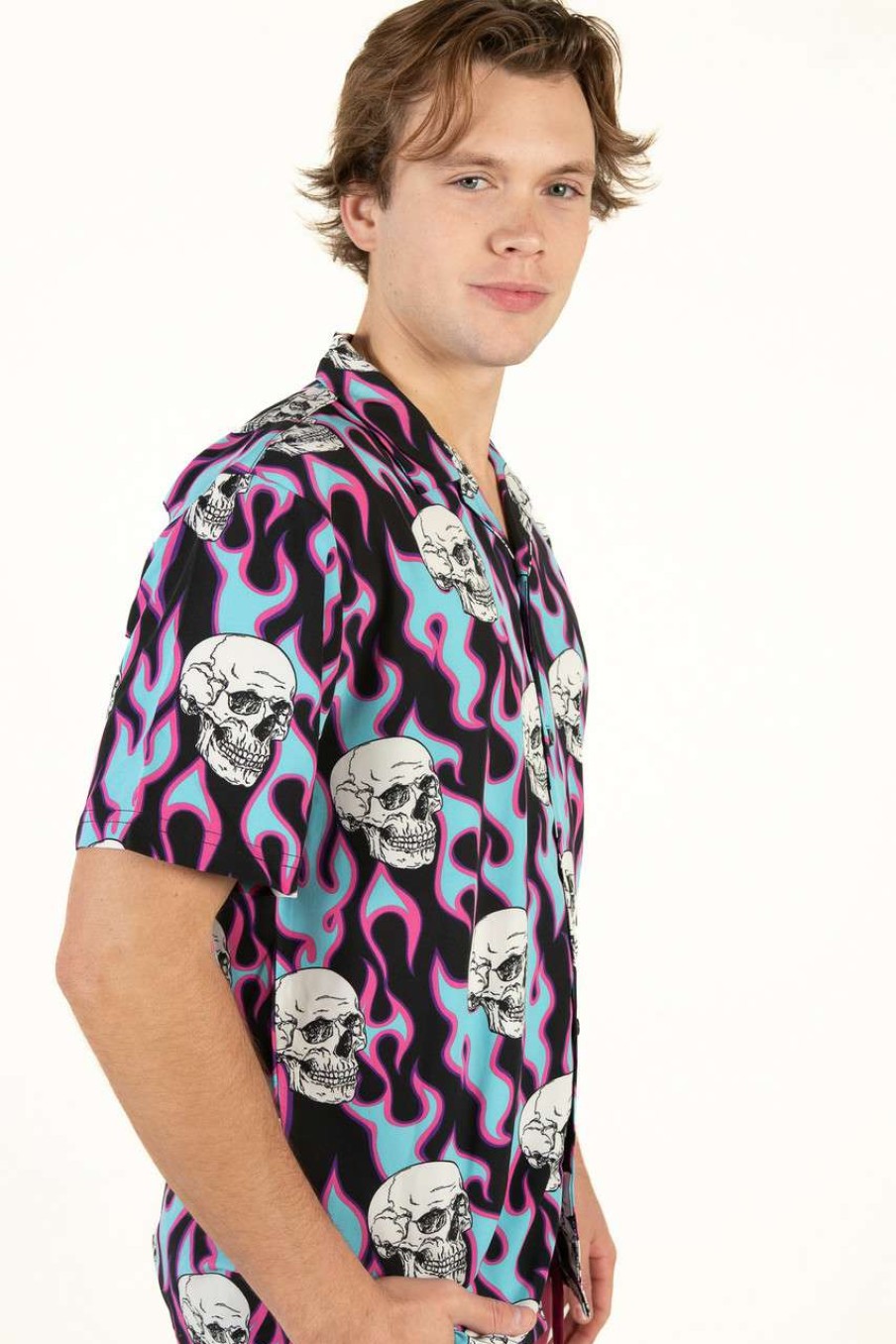 Men * | Clearance Sale Y2K Flaming Skull Button Up Shirt