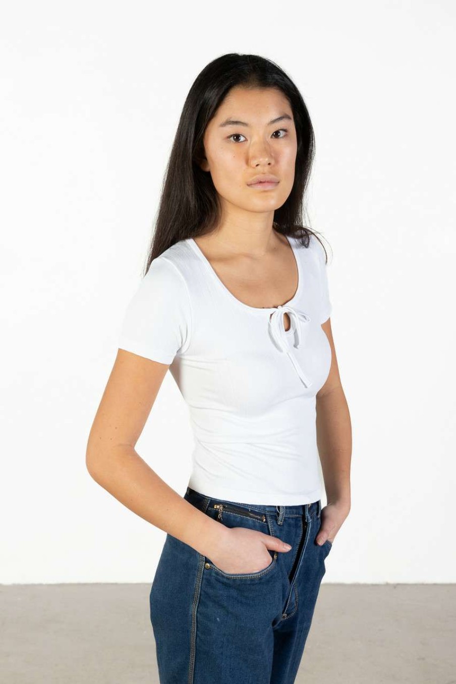 Women * | Cut-Price White Tie Neck Seamless Tee