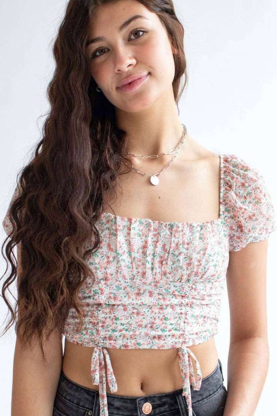 Women * | Limit Offer Ivory Floral Milkmaid Cinched Cropped Top