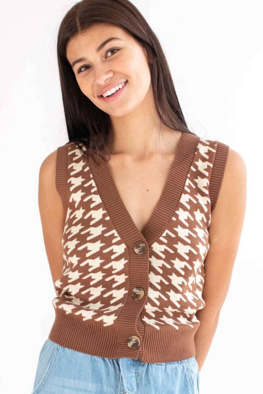 Women * | Half Off Brown Houndstooth Sweater Vest