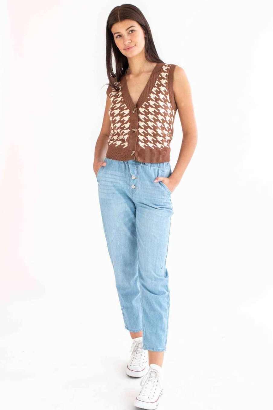 Women * | Half Off Brown Houndstooth Sweater Vest