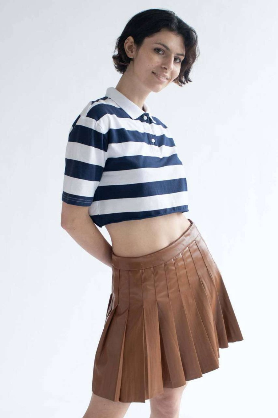 Women * | Clearance Sale Brown Pleather Pleated Skirt