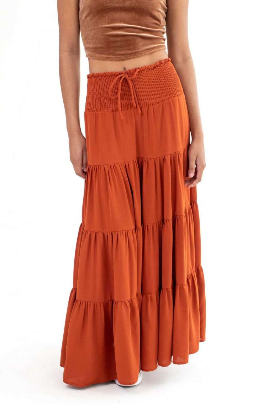 Women * | Limited Edition Rust Smocked Waist Maxi Skirt